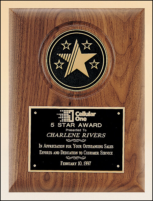 Solid American walnut plaque with choice of CAM or 5-star cast medallion