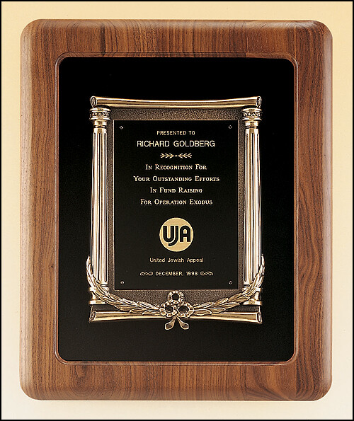 Solid American walnut plaque with an antique bronze casting on choice of velour backgrounds