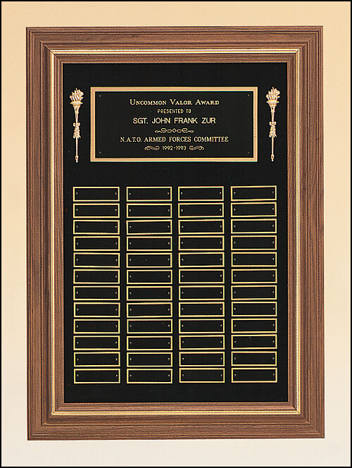 Perpetual plaque with 3 plate combinations and a solid American walnut frame on a black velour background