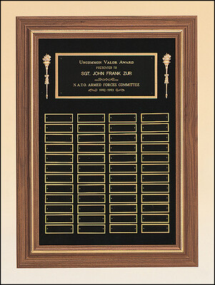 Perpetual plaque with 3 plate combinations and a solid American walnut frame on a black velour background