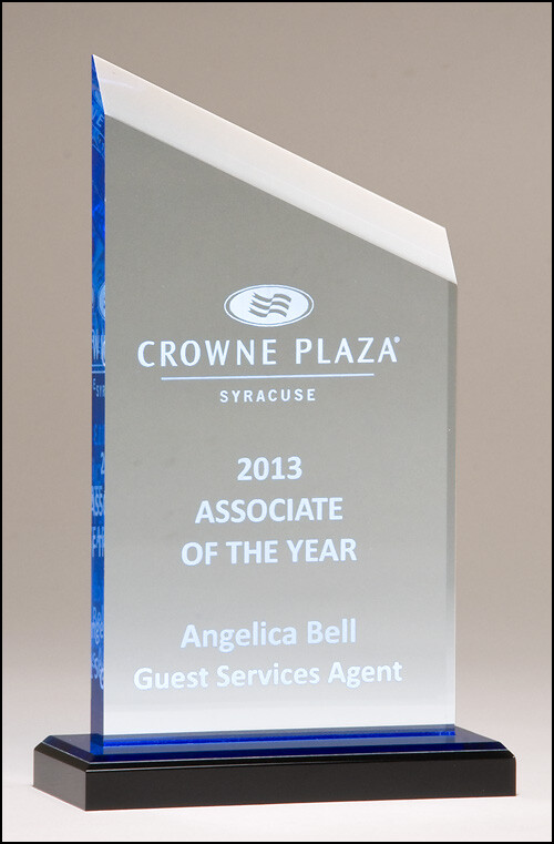 Zenith Series acrylic award. Clear upright with blue accents, black acrylic base with blue mirror top