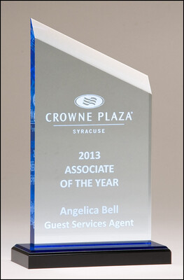 Zenith Series acrylic award. Clear upright with blue accents, black acrylic base with blue mirror top