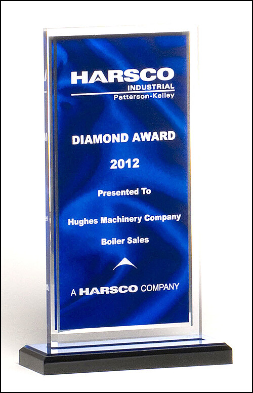 Clear acrylic award with dark blue draped satin pattern and silver mirror border on a black acrylic base with blue mirror top.