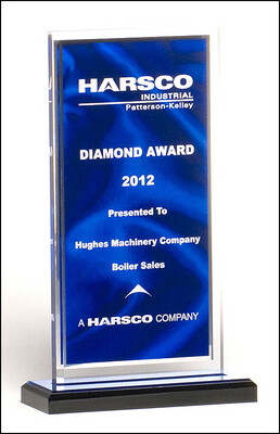 Clear acrylic award with dark blue draped satin pattern and silver mirror border on a black acrylic base with blue mirror top.