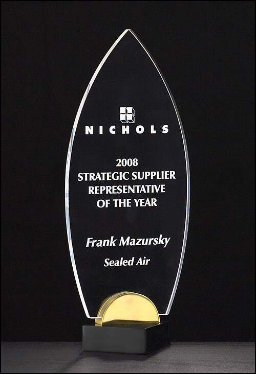 3/8&quot; thick acrylic award on black and gold metal base