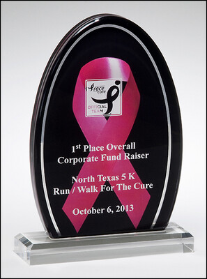 Breast cancer awareness acrylic. Pink ribbon against a black background with a mirror silver border