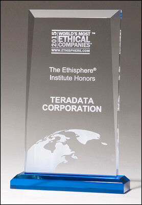 Apex Series clear acrylic award with blue highlights and blue base