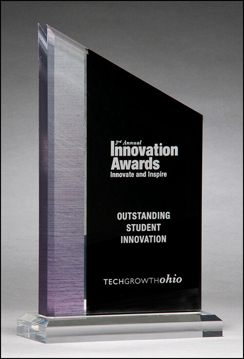 Digitally printed brushed silver accent on black upright with clear base