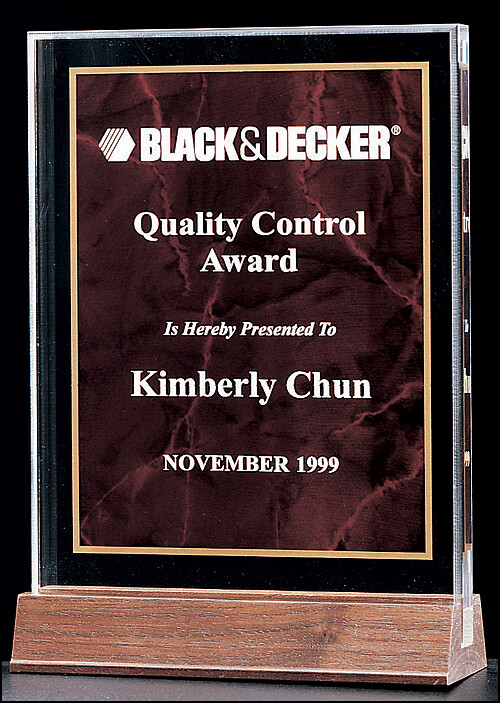 3/4&quot; thick polished acrylic award with a ruby marble center on a solid American walnut base
