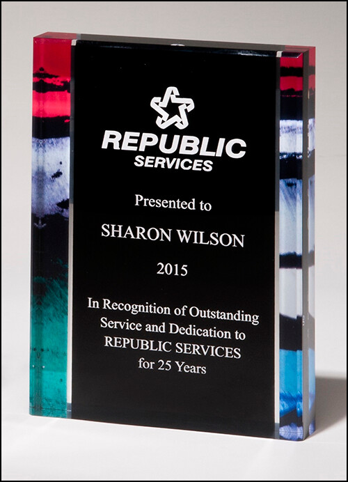 Premium Series acrylic with printed stained glass pattern border, silver mirror highlights with black center