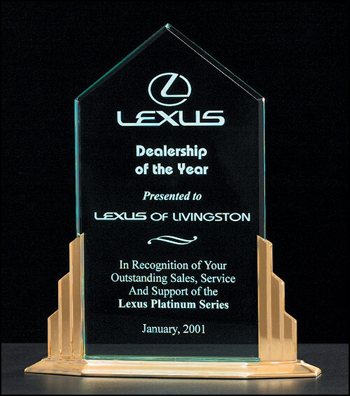 1/2&quot; thick polished acrylic award on a goldtone finish aluminum base