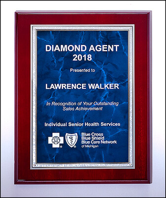 Rosewood High Lustr plaque featuring a blue marble plate with silver florentine border