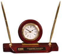 Rosewood Piano Finish Desk Clock on Base with 2 Pens