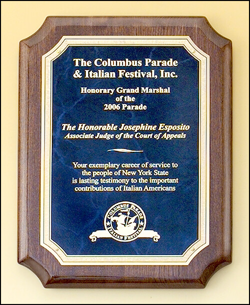 Walnut stained piano-finish plaque with sapphire marble center and florentine border engraving plate