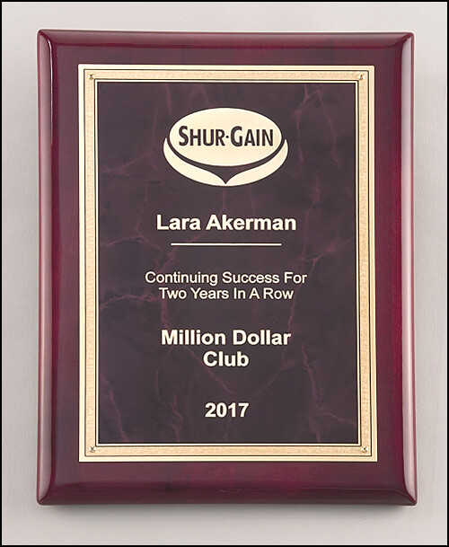 Ruby marble plate with gold florentine border on rosewood piano-finish plaque