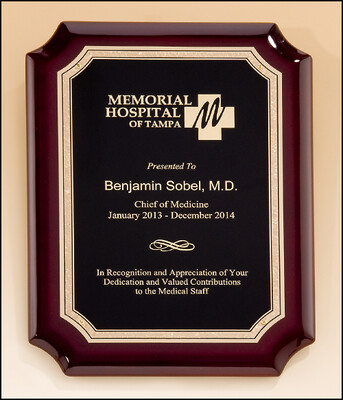 High gloss rosewood stained plaque with gold florentine border plate