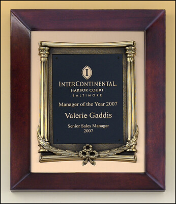 Cherry finish frame plaque with antique bronze finished frame on brushed metal gold background