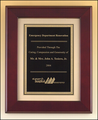 Cherry finish frame plaque with antique bronze finished frame on brushed metal gold background