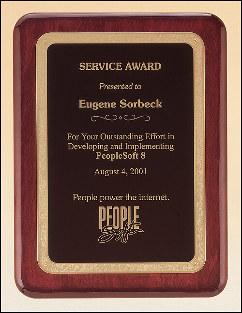 Rosewood stained piano finish plaque with gold florentine border and black textured center