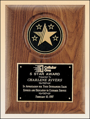 Solid American walnut plaque with choice of CAM or 5-star cast medallion