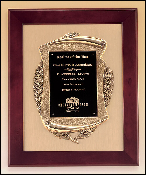 Rosewood stained piano finish frame with antique bronze casting on brush gold metal background