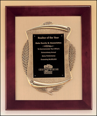 Rosewood stained piano finish frame with antique bronze casting on brush gold metal background