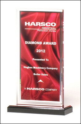 Clear acrylic award with deep red draped satin pattern and silver mirror border on a black acrylic base with red mirror top.