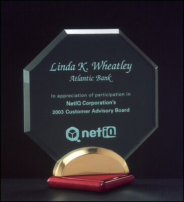 3/8" thick acrylic award on a rosewood stained piano finish base with gold metal accents