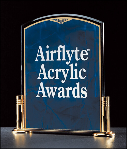 3/16" thick sapphire acrylic award on a gold metal base with columns