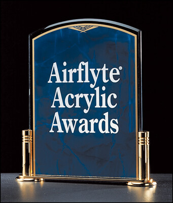 3/16" thick sapphire acrylic award on a gold metal base with columns