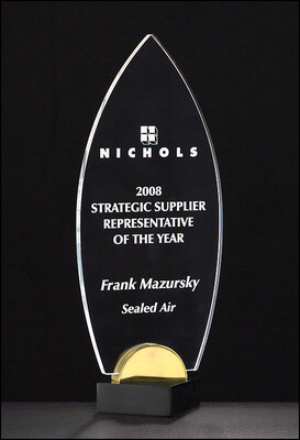 3/8" thick acrylic award on black and gold metal base