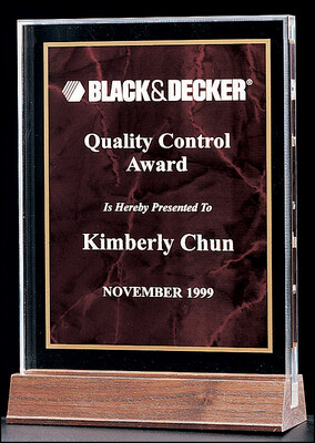 3/4" thick polished acrylic award with a ruby marble center on a solid American walnut base