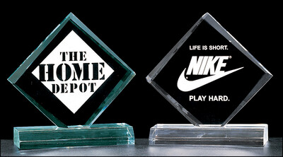 3/4" thick acrylic award on acrylic base available in jade or clear acrylic