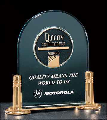 3/16" thick acrylic award on a gold-plated solid brass base with columns