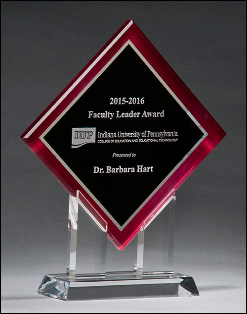 Diamond Series acrylic printed red border, silver mirror highlights with black center and clear acrylic stand