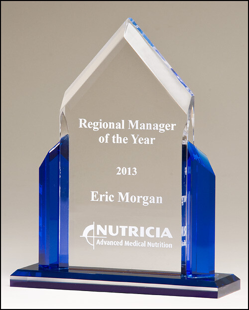 Peak Series acrylic award. Clear upright with blue accents, black acrylic base with blue mirror top