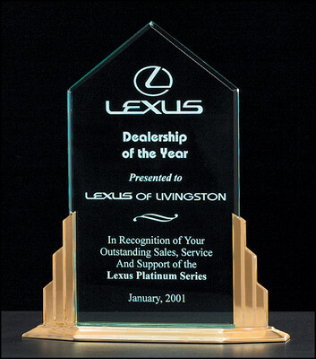 1/2" thick polished acrylic award on a goldtone finish aluminum base