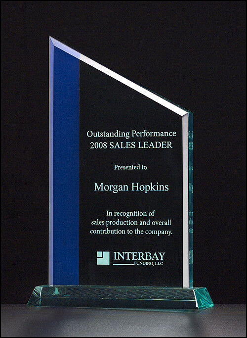 jade acrylic award with blue highlight on acrylic base