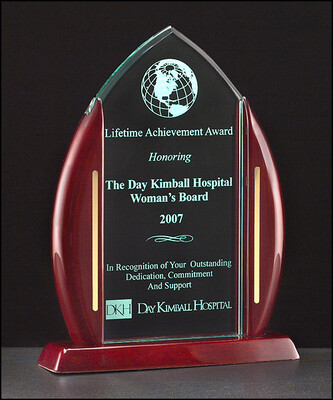 3/8" thick acrylic award on a rosewood stained piano finish base with gold metal accents