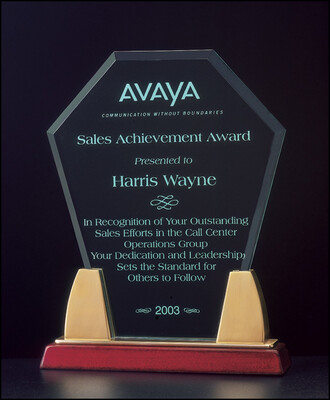 3/8" thick acrylic award on a rosewood stained piano finish base with gold metal accents