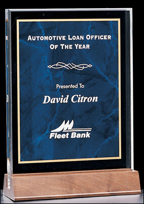 3/4" thick polished acrylic award with a sapphire marble center on a solid American walnut base