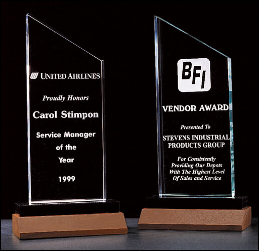 3/4" thick acrylic award on a solid walnut base in jade or clear acrylic