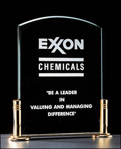 3/16" thick acrylic award on a gold-plated solid brass base with columns