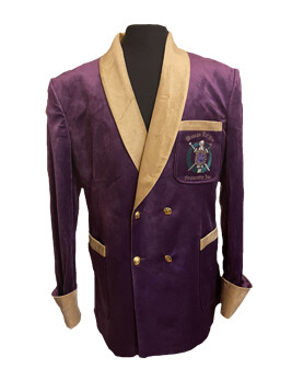 Purple w/Old Gold Trim Omega Smoking Jacket 100% Velvet + Purple Necktie - Sizes 32-64