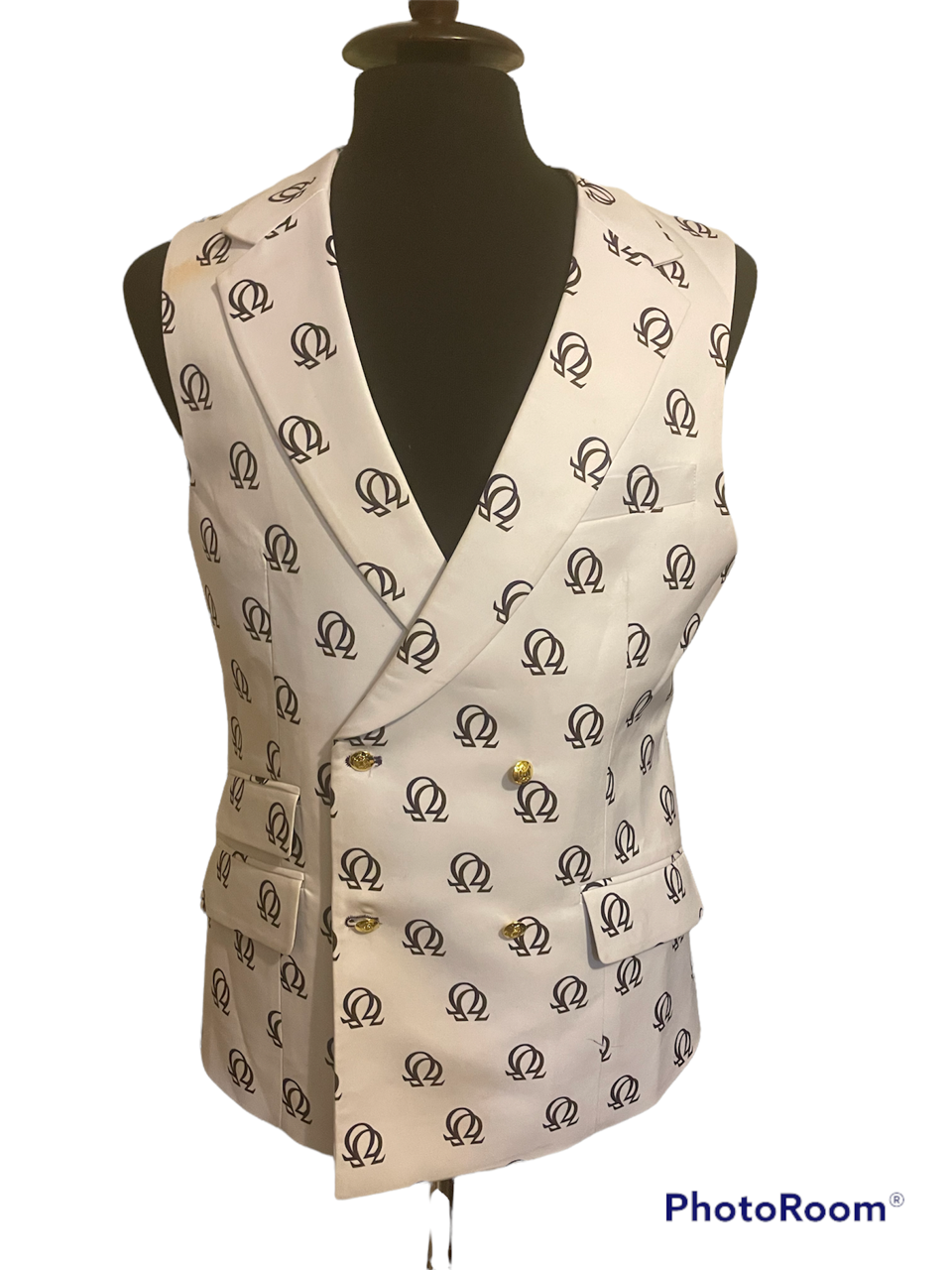 White Omega Vest with Purple-Old Gold Double Hooks (80% Wool/ 20% Cotton) - Sizes 32-64