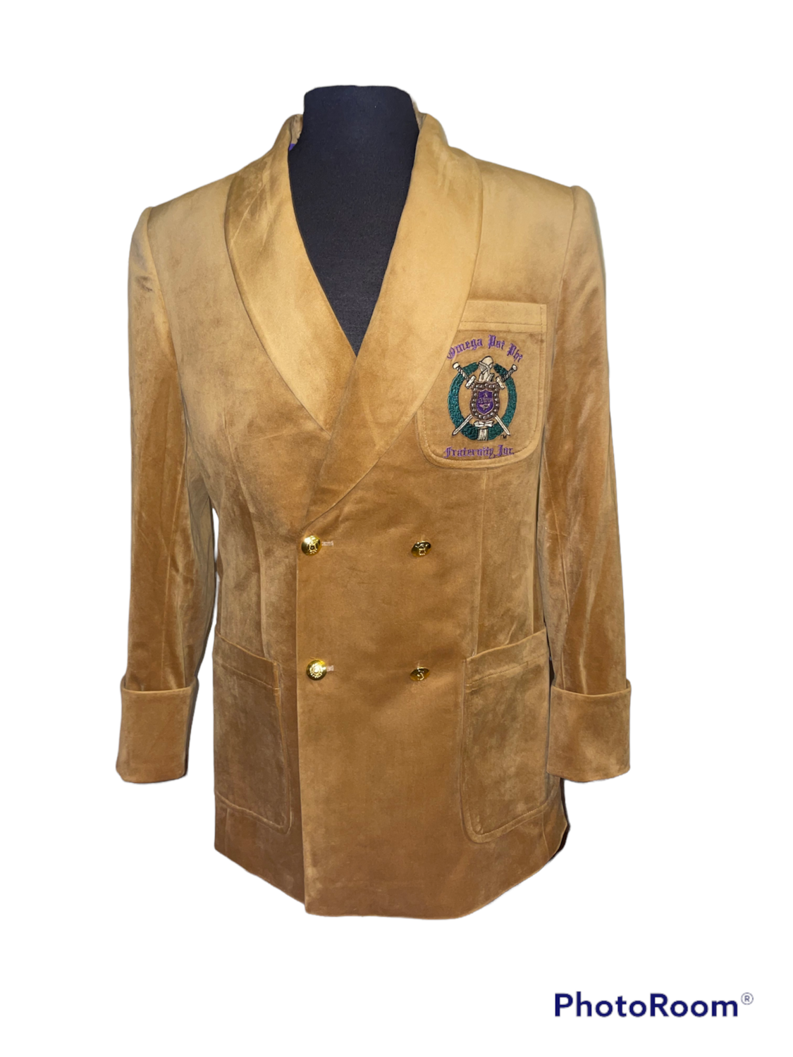 Old Gold Omega Smoking Jacket 100% Velvet + Purple Necktie - Sizes 32-64