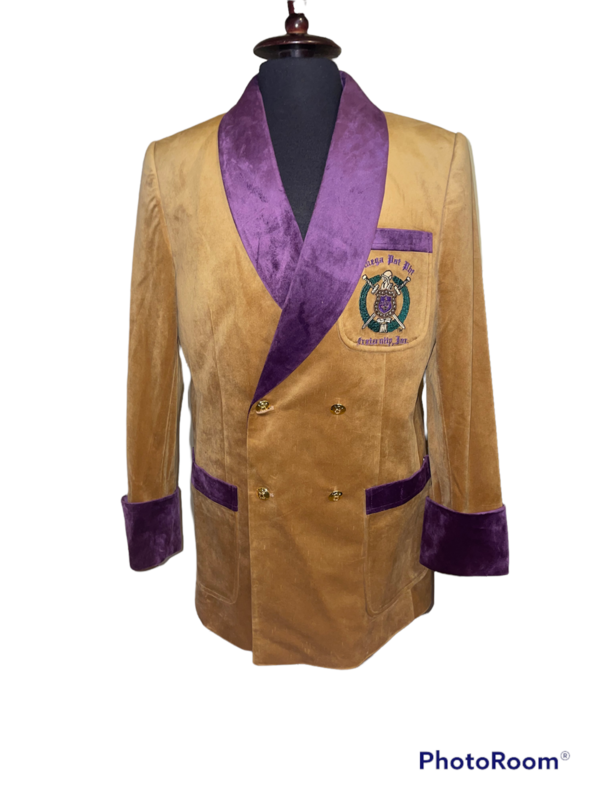 Old Gold with Purple Trim Omega Smoking Jacket 100% Velvet + Purple Necktie - Sizes 32-64