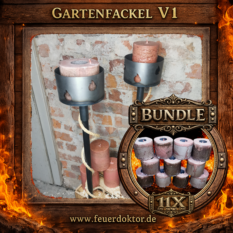Gartenfackel V1 aus Stahl + 11× Wachsrollen BUDGET – Spar-Bundle