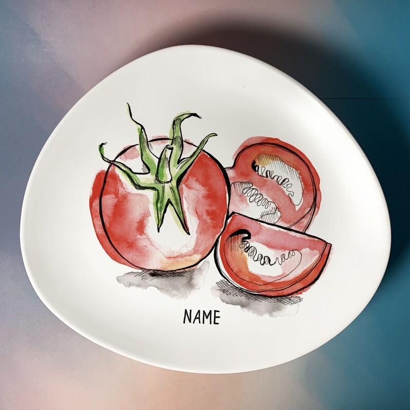 "Alles Tomate" (Asymmetrischer Teller, 21 oder 26 cm breit)