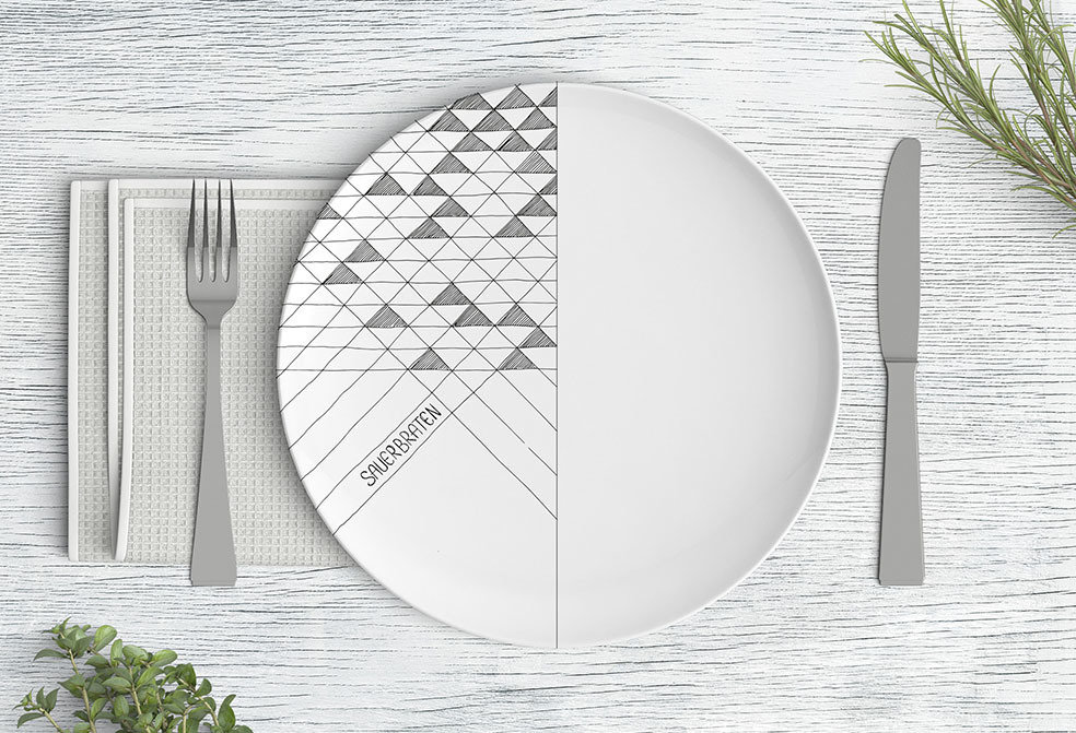 "Speisenteller" (Teller, 26 cm Durchmesser), Design: Sauerbraten, Farbigkeit: Schwarz/Weiß
